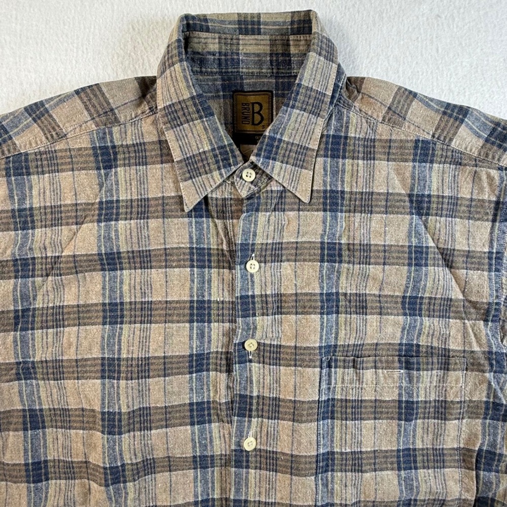 Bruno Button Down Shirt Mens Large Linen Blend Plaid Short Sleeve Tan Blue